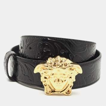 Pre Owned Versace Black Barocco Embossed Leather Medusa Buckle Belt 90CM