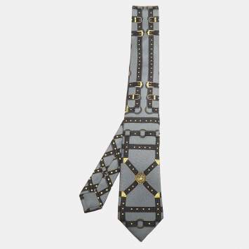 Pre Owned Versace Grey Medusa Harness Printed Silk Skinny Tie