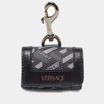 Pre Owned Versace Black/Grey Jacquard Coated Canvas and Leather Airpods Case