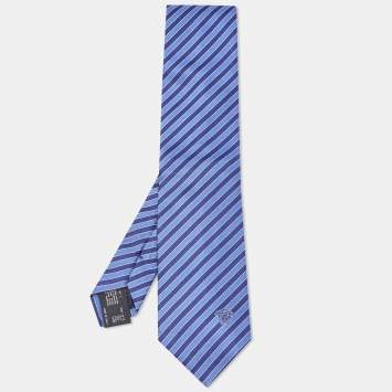 Pre Owned Versace Blue Diagonal Striped Silk Tie