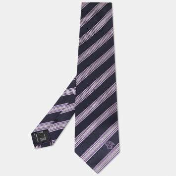 Pre Owned Versace Navy Blue Diagonal Striped Silk Tie