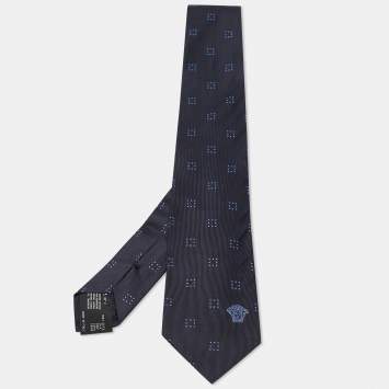 Pre Owned Versace Navy Blue Dotted Square Patterned Silk Tie 