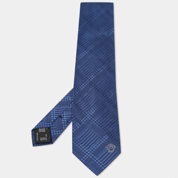 Pre Owned Versace Blue Diagonal Check Patterned Silk Tie 