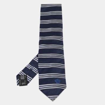 Pre Owned Versace Navy Blue Striped Silk Tie