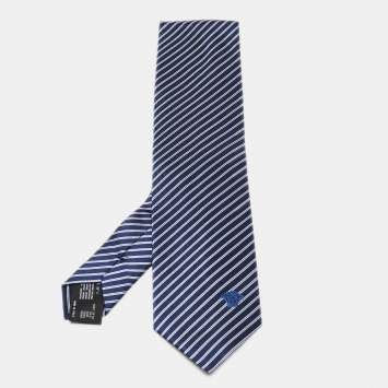Pre Owned Versace Dark Blue Contrast Diagonal Striped Silk Tie