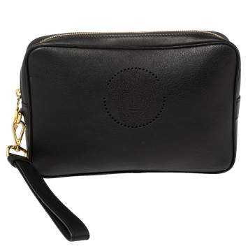 Pre Owned Versace Black Leather Perforated Medusa Wristlet Clutch
