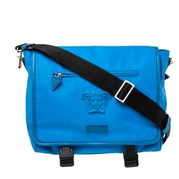 Pre Owned Versace Azure Blue Nylon La Medusa Messenger Bag