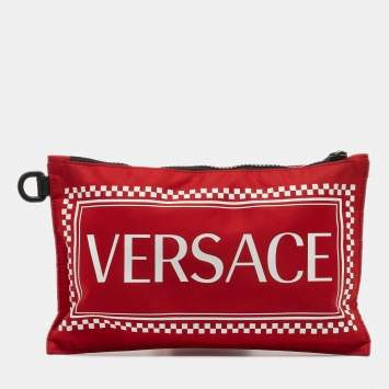 Pre Owned Versace Red/Black Logo Nylon Slim Pouch