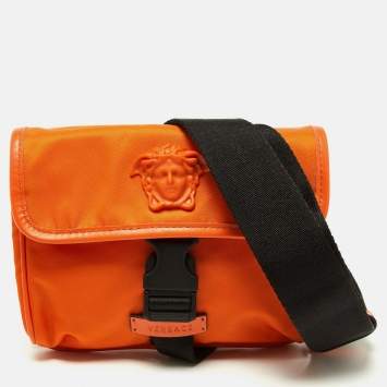 Pre Owned Versace Orange Nylon and Leather 'La Medusa' Messenger Bag