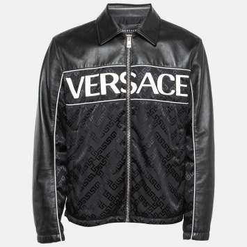 Pre Owned Versace Black Logo Applique Leather and Nylon Blouson Jacket L
