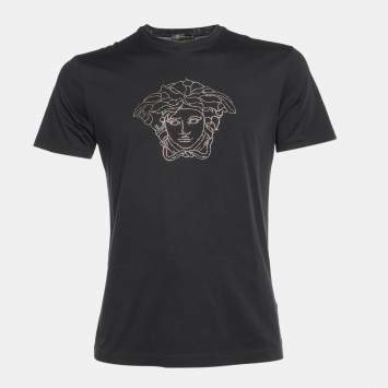 Pre Owned Versace Black Cotton Medusa Embellished Crew Neck T-Shirt S