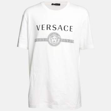 Pre Owned Versace White Cotton Logo Print Crew Neck T-Shirt 2XL