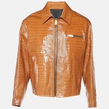 Pre Owned Versace Brown Crocodile Embossed Leather Jacket M