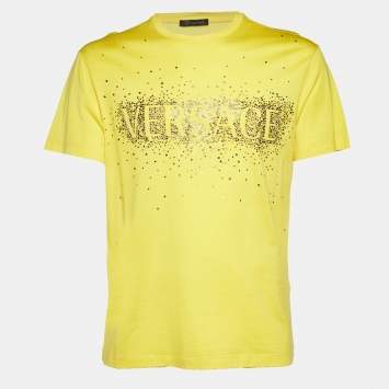 Pre Owned Versace Yellow Logo Studded Cotton T-Shirt L