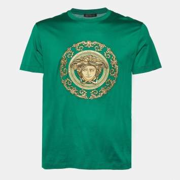 Pre Owned Versace Green Medusa Embellished Cotton T-Shirt L