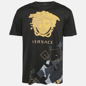 Pre Owned Versace Black Printed Jersey Crew Neck T-Shirt M