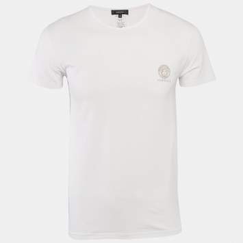 Pre Owned Versace White Logo Print Cotton Round Neck T-Shirt M