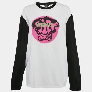 Pre Owned Versace White Graffiti Print Jersey Long Sleeve T-Shirt XL
