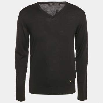 Versace Black Medusa Applique Wool Knit V-Neck Sweater M