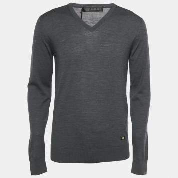 Versace Grey Medusa Applique Wool Knit V-Neck Sweater M
