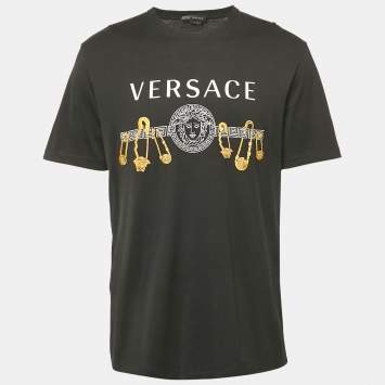 Versace Black Medusa Print and Pin Embroidery Cotton Crew Neck T-Shirt XXL