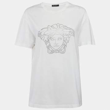 Pre Owned Versace Whte Medusa Embellished Jersey Crewneck T-Shirt 