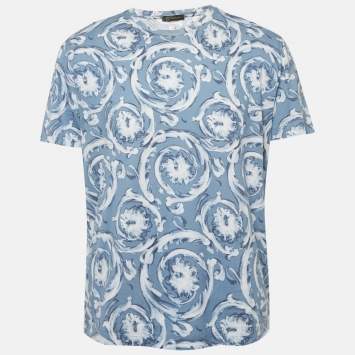 Versace Blue Barocco Print Cotton Crewneck T-Shirt L   