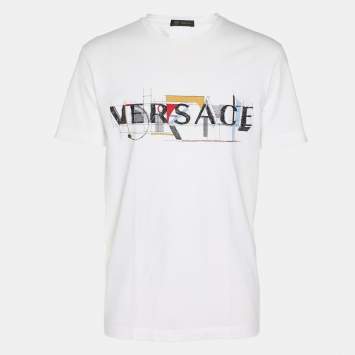 Pre Owned Versace White Logo Embroidered Jersey T-Shirt L