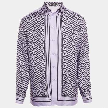 Pre Owned Versace Purple Logo Print Silk Heritage Fit Shirt M