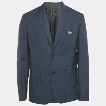 Pre Owned Versace Blue Wool Medusa Pocket Detail Blazer L