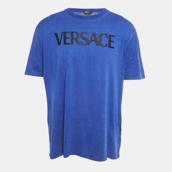 Versace Blue Medusa Motif Embroidered Cotton Short Sleeve T Versace Blue Medusa Motif Embroidered Cotton Short Sleeve T