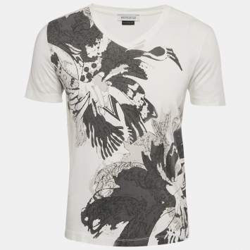Pre Owned Versace White Printed Jersey V-Neck T-Shirt S