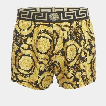 Pre Owned Versace Black/Yellow Barocco Print Silk Greca Waistband Shorts M