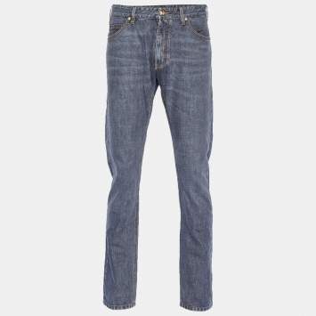 مملوكة مسبقًا Versace Grey Leather Medusa Trim Denim Jeans XL/Waist 36"