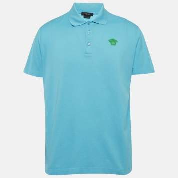 Pre Owned Versace Blue Medusa Embroidered Pique Polo T-Shirt XL