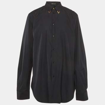 Pre Owned Versace Black Cotton Collar Detail Long Sleeve Shirt XS