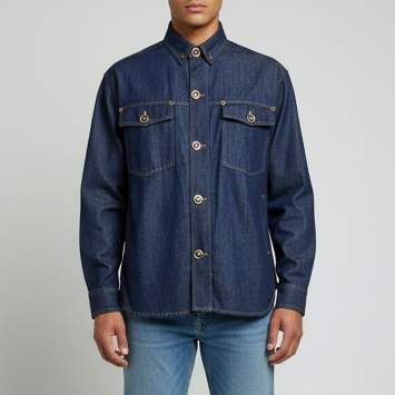Pre Owned Versace Blue Denim Medusa Button College Fit Shirt XL