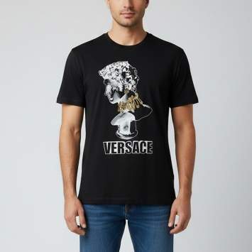 Pre Owned Versace Black Statue Illustration Print Cotton Crew Neck T-Shirt 2XL