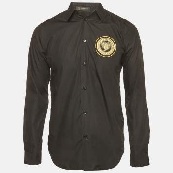 Pre Owned Versace Black Medusa Logo Patch Cotton Button Up Shirt S
