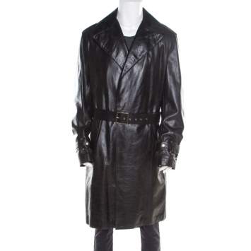 Pre Owned Versace Signature Black Leather Belted Overcoat XXL