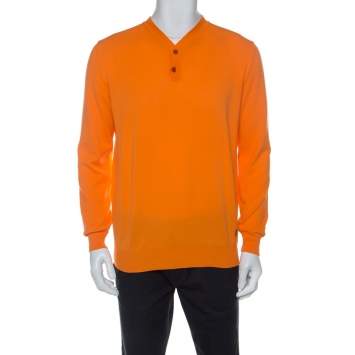 Pre Owned Versace Orange Cotton Knit V neck Buttoned Collar Sweater XXL