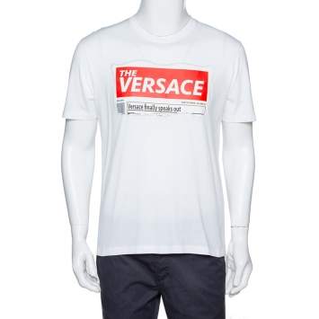 Pre Owned Versace White Cotton Logo Graphic Print Crew Neck Fitted T Shirt L 