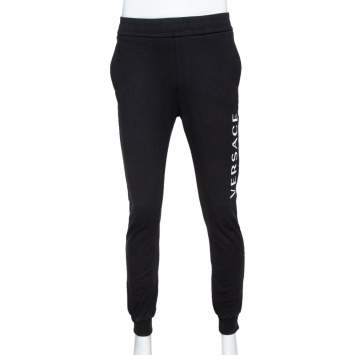 Pre Owned Versace Black Logo Print Cotton Elasticized Waist Jogger Pants M