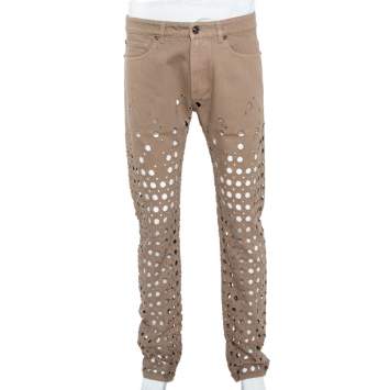 Pre Owned Versace Beige Denim Perforated Straight Leg Jeans L