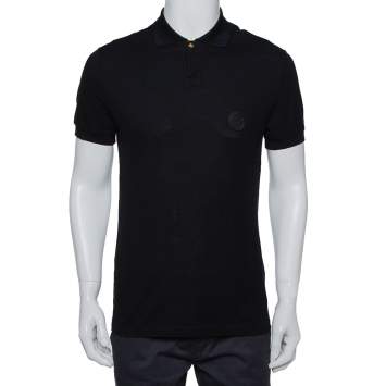 Pre Owned Versace Black Cotton Pique Contrast Collar Detail Polo T-Shirt S