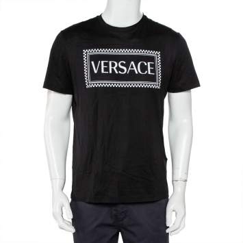 Pre Owned Versace Black Logo Printed Cotton Crewneck T-Shirt M