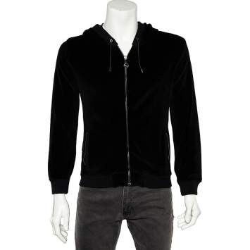 Pre Owned Versace Black Velvet Medusa Patch Detail Hooded Jacket L