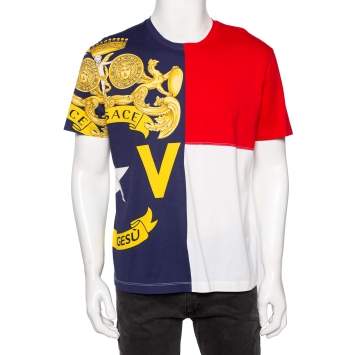 Pre Owned Versace Colorblock Logo Printed Cotton Short Sleeve T-Shirt L 