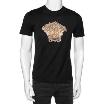 Pre Owned Versace Black Cotton Knit Embellished Medusa Head Detail T-Shirt S