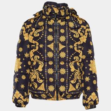 Pre Owned Versace Black & Gold Baroque Print Puffer Down Jacket XL